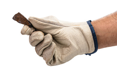 miner hand with protective glove holding metallic rock, isolated white background. Steelmaking or mining concept