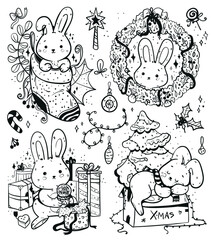 Set of sketches with a cute rabbit, New Year's sock, tree, gifts, wreath, attributes of the new year
