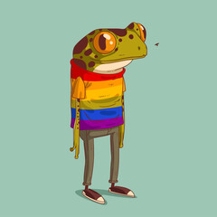 Sketch drawn vector illustration of humanized frog. Anthropomorphic frog. Trendy animal character with human body. Standing frog wearing a pride colored t-shirt, jeans and sneakers watching a fly