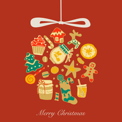 Doodle design of the Merry Christmas. Congratulations on the Christmas celebration. Circle postcard, homemade pastries. Gingerbreads, honey, sweet. Red background, color cookies. New Year decoration