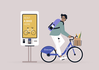 Young male Caucasian character riding a rental city bike, a self-service rent digital display
