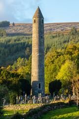Ancient tower and cemetry in the Wicklow mountains in Ireland.