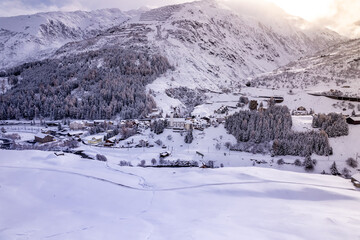 Snow Covered Hospental Village in Switzerland in the Winter