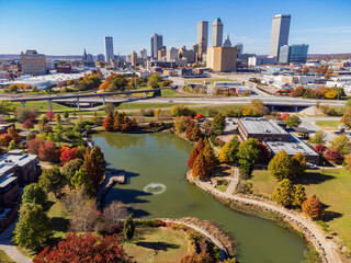 Aerial view of the downtown cityscape and fall color of Veterans Park