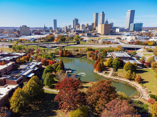 Aerial view of the downtown cityscape and fall color of Veterans Park