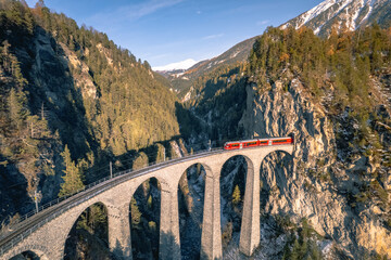 Train in Switzerland Crossing the Landwasser Viaduct