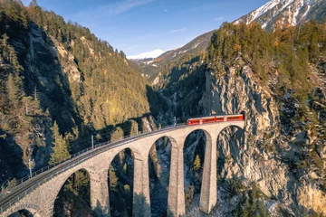 Brushed aluminium prints Landwasser Viaduct Train in Switzerland Crossing the Landwasser Viaduct