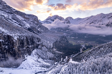 Switzerland Winter Landscape Sunset With Snowy Mountains