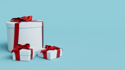 White Christmas Gifts with red ribbons against a Blue background. Festive Wallpaper with copy space.
