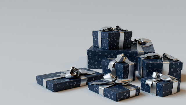 Premium Navy Blue Christmas Gifts with Silver Ribbons on a White Background.