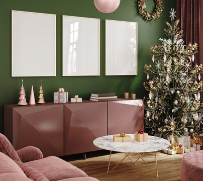 Poster mockup in green room decorated for Christmas, 3d render