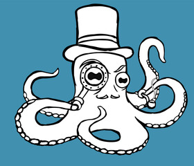 An octopus with a mustache in a top hat with a magnifying glass and a smoking pipe in its tentacles. Black and white vector illustration.