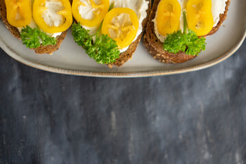 Bruschetta made of black bread with cottage cheese and persil on a stylish plate 