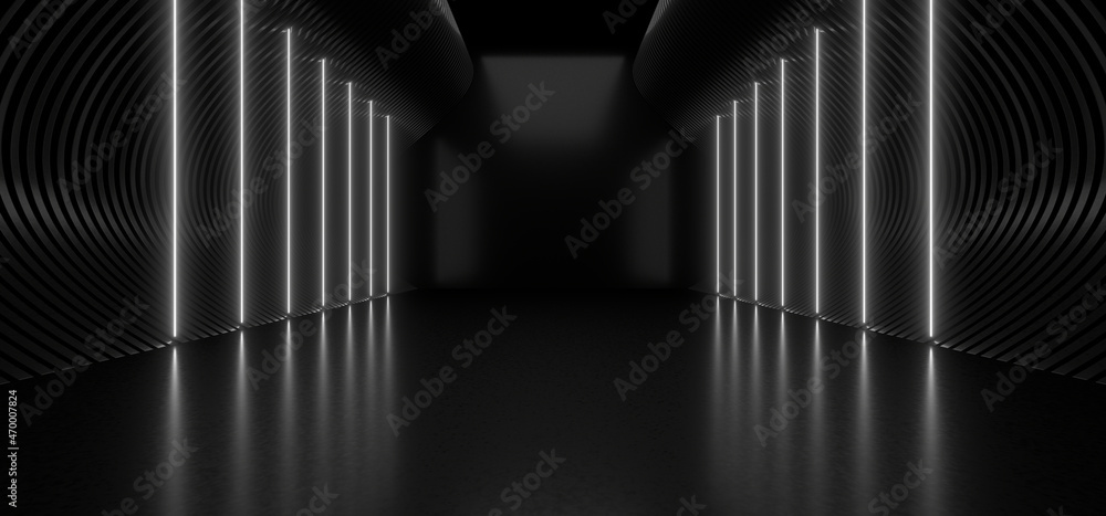 Poster a dark tunnel lit by white neon lights. reflections on the floor and walls. 3d rendering image.