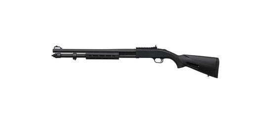 Pump-action 12 gauge shotgun isolated on a white back. A smooth-bore weapon with a wooden stock.