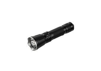Modern black metal LED flashlight isolated on white back