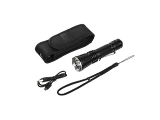 Modern black metal LED flashlight isolated on white back
