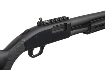 Pump-action 12 gauge shotgun isolated on a white back. Close-up shot of part of a shotgun. A smooth-bore weapon with a plastic stock.