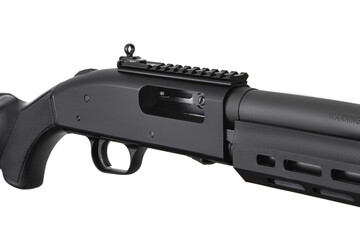 Pump-action 12 gauge shotgun isolated on a white back. Close-up shot of part of a shotgun. A smooth-bore weapon with a plastic stock.