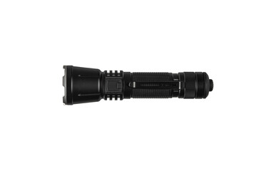 Modern black metal LED flashlight isolated on white back