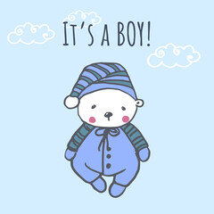 It's a boy. Baby shower illustration with bear