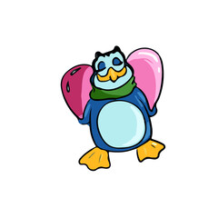 Vector children's design of a penguin, social networks, postcards.