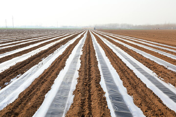 farmers grow film mulched corn in fields,LUANNAN COUNTY, Hebei Province, China