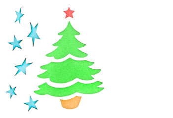 Paper-cut Christmas tree and stars for a Christmas card