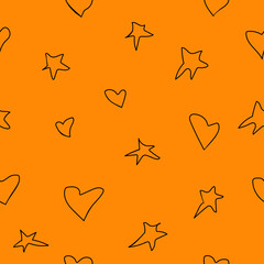 Seamless pattern abstract hearts and stars on orange background. Hand drawn simple funny kids doodle print, vector eps 10