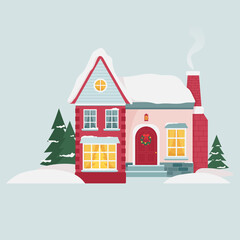 Vector winter house in a flat style. Stylized Christmas house. Christmas typography and wishes. Vector illustration. Isolated. White background. Suitable for winter designs, cards or posters