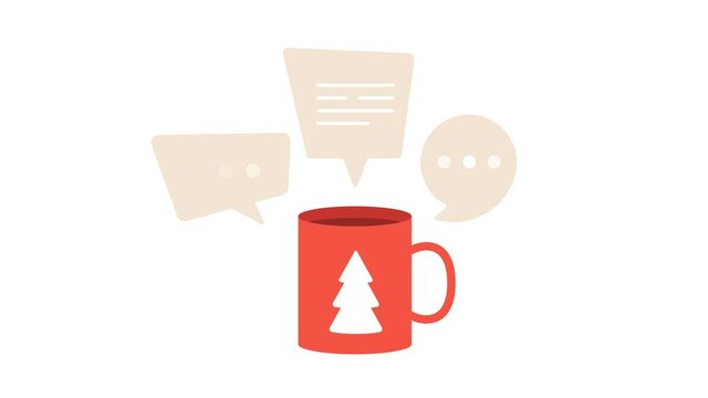 Let's talk about christmas aniamtion. Red cup with around which clouds of chat or messages bubble in the air. Cartoon flat 4k video illustration.