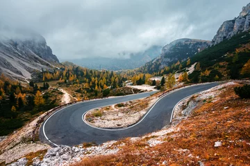 Photo sur Plexiglas Dolomites Winding mountains road leading to Three peaks of Lavaredo in Tre Cime di Lavaredo National Park in Dolomite Alps. Orange grass and lush larches forest around. Autumn in Dolomites, Italy