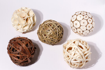 Ratan spheres on white, natural dried balls decoration