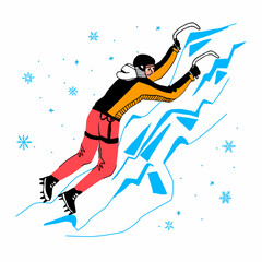 Vector flat illustration with a character, an athlete, Ascending on Water Ice. The concept of Ice Climbing, Extreme Winter Sports, mountaineering, lifestyle, championships, competitions.