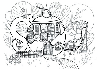 Fototapeta premium black and white vector coloring with a house from a teapot, mice and books