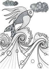 coloring black and white vector fish in the sea in doodle and zenart style