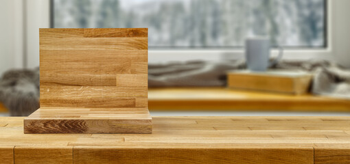 Desk of free space and winter background of window 