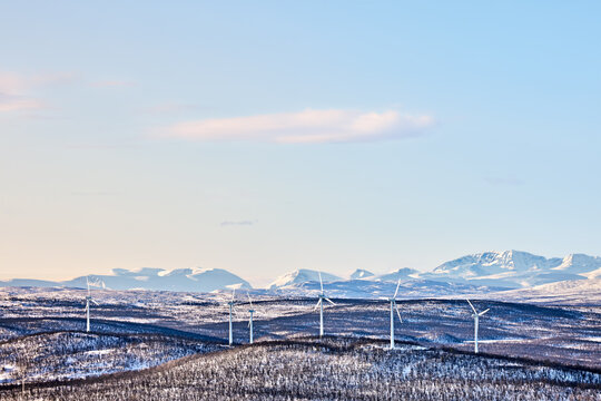 Wind turbines out in Swedish mountains nature outside Kiruna. 