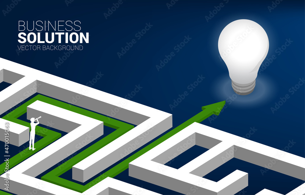 Aufkleber Silhouette of businessman looking through telescope on route path to exit the maze to light bulb. Concept for problem solving,solution strategy and idea.