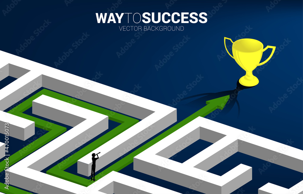 Poster Silhouette of businessman looking through telescope on Arrow with route path to exit the maze to golden trophy. Business concept for problem solving and solution strategy
