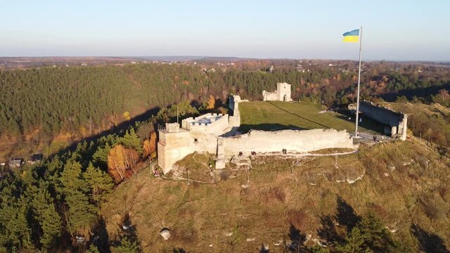 View from the castle. Bona Castle Mountain Kremenets city Ukraine. Half-ruined walls of the fortress