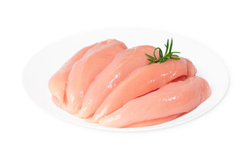 Closeup of chicken meat.Healthy chicken mini inner breast fillets .Close-up of fresh chicken inner fillet on a white plate ,on a isolated background. background from meat.