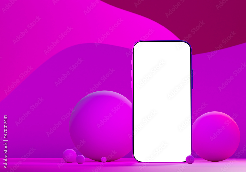 Poster advertising of mobile application. white screen of phone. smartphone model on abstract purple backgr
