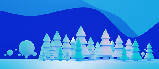 Christmas forest. Poster with winter trees. Panoramic snowy forest. Cartoon nature on blue background. Minimalistic Christmas blank. Winter background. Three-dimensional Christmas trees. 3d rendering