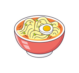 Spicy noodles soup or ramen with half egg bowl isolated cartoon vector
