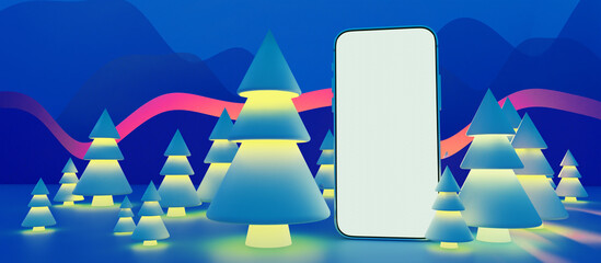 Christmas phone. Smartphone among Christmas trees. Big phone with blank screen. Smartphone with place for text. Mock up phone for website. Advertising space. Forest on blue background. 3d image.