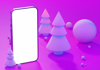 Phone white display. Smartphone template in Christmas decorations. Winter trees next to cell phone. Great mobile app. Big smartphone. Mock up for application design. Smartphone blank screen. 3d image.