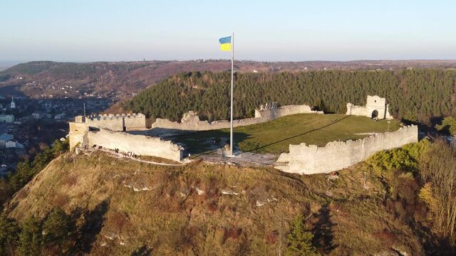 Aerial view of Mount Bona in Kremenets Ukraine. Historic castle