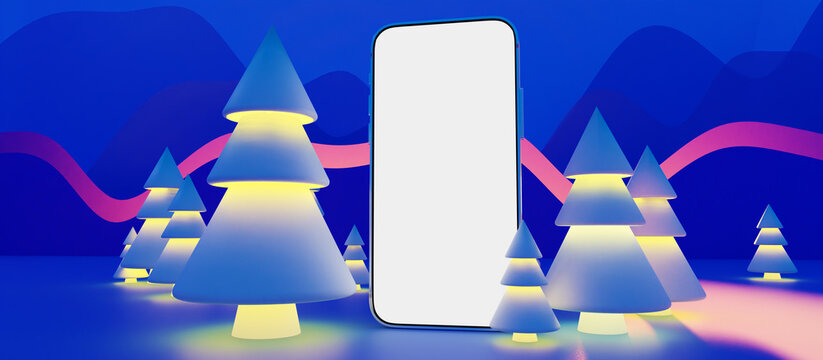Christmas mobile offer. Phone is in middle of voluminous Christmas trees. Phone with white screen. Winter forest on blue background. Huge phone for your banner. Ads apps or mobile site. 3d rendering.