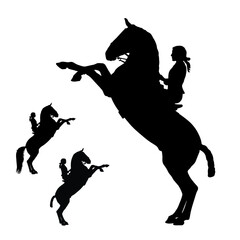 realistic image of a silhouette of a horsewoman on a rearing horse isolated on a white background